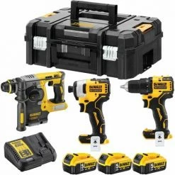 Dewalt Akku-Kombopack DCK377P3T-QW 18 V, Bohrschrauber, Schlagschrauber, Kombihammer SDS-plus, 3 Akkus 5 Ah, Ladegerät, 2 Stück TSTAK-Box II