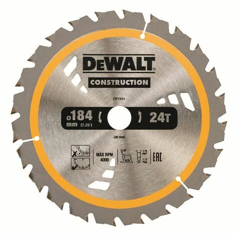 DeWALT Kreissaegeblatt für Akku-Handkreissägen, 184/20 mm, 24WZ - DT1951-QZ DeWALT Kreissaegeblatt Für Akku-Handkreissägen, 184/20 Mm, 24WZ - DT1951-QZ -DEWALT Shop 13577858 1