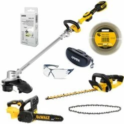 DeWALT UVEX Gartenpflege-Set Rasentrimmer, Heckenschere, Kettensäge, Trimmer-Faden, Schutzbrille, Gehörschutz, 18V - Ausführung:ohne Akkus Und Ladegerät